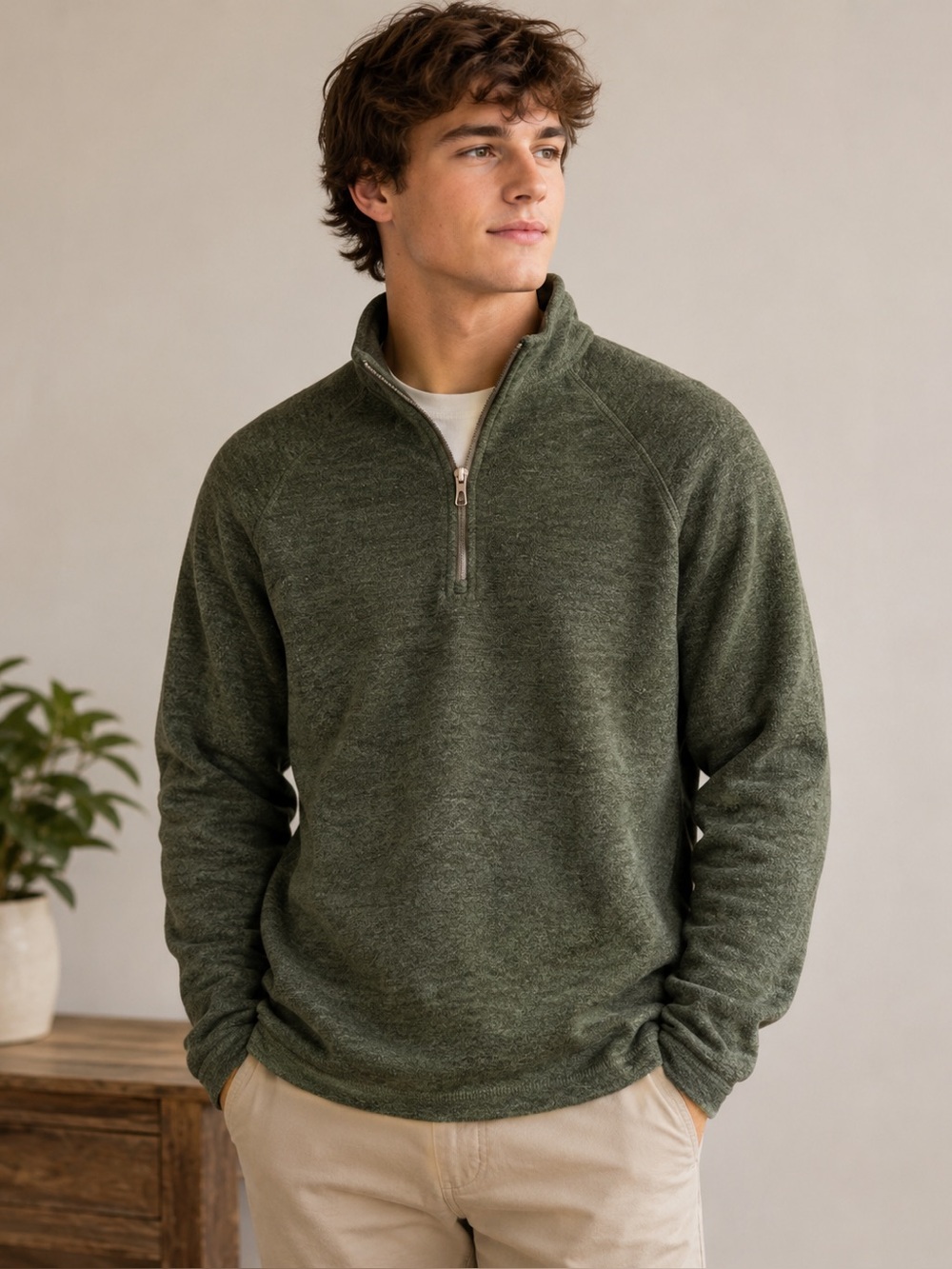 Eddie Bauer Men's Quarter Zip Heathered Green Pullover Sweater | Size Medium